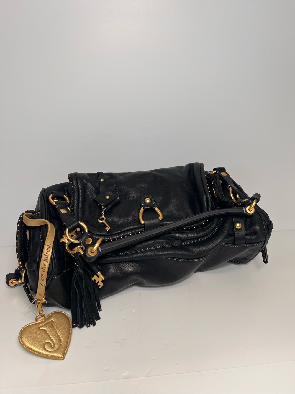 Juicy Couture Black Shoulder Bag with Gold Hardware and Heart Charm